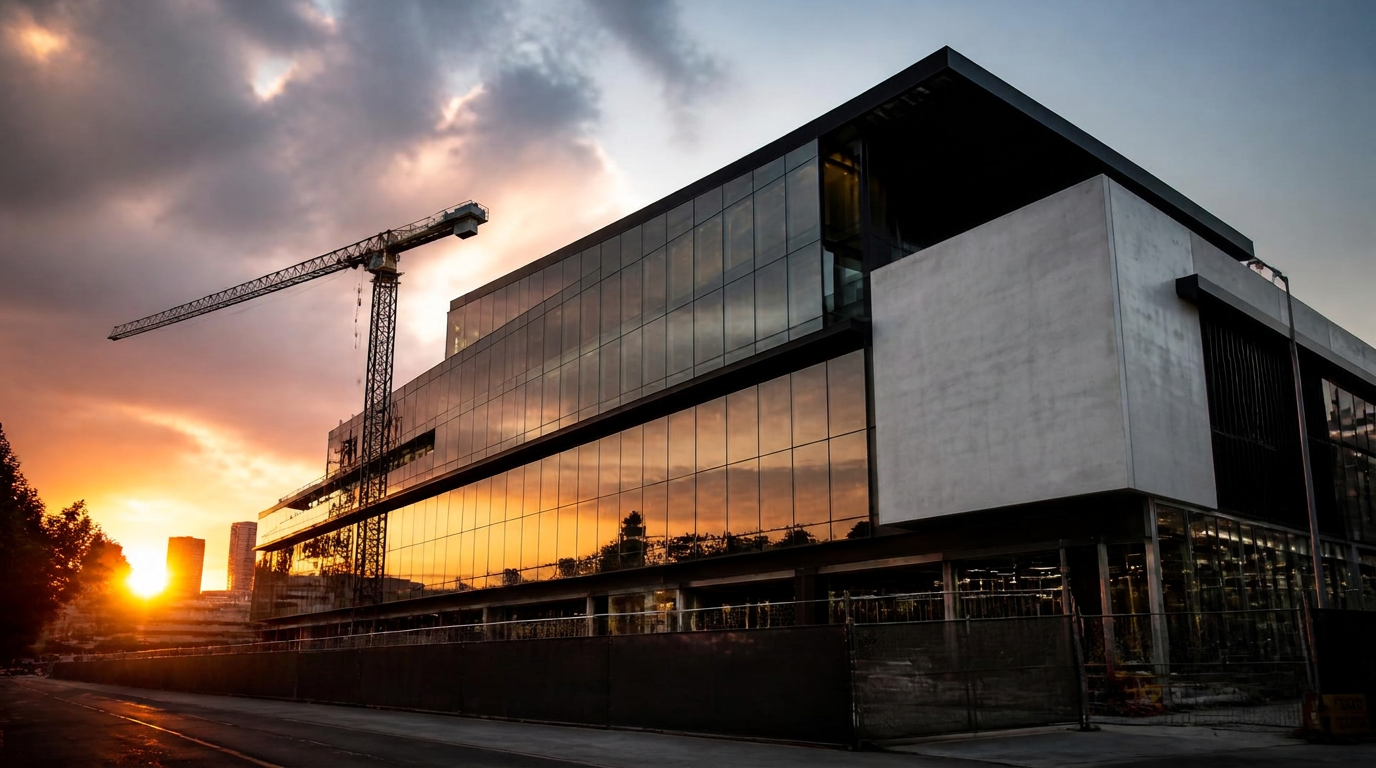 Commercial building under construction at golden hour
